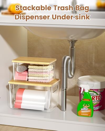 Trash Bag Dispenser 2 Pack, Stackable Trash Bag Holder with Bamboo Lid – Clear Plastic Garbage Bag Organizer for 4-33 Gal Bags, Space-Saving Under Sink Organizer for Kitchen, Laundry, Pantry - Image 3
