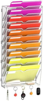 11-Tier Wall File Organizer with Base and Hooks, Hanging Organizer, White by JMHUD
