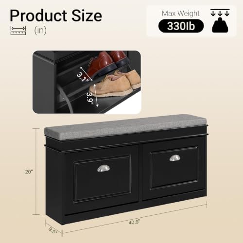 Haotian Black Storage Shoe Bench with Two Flip Drawers - Image 2