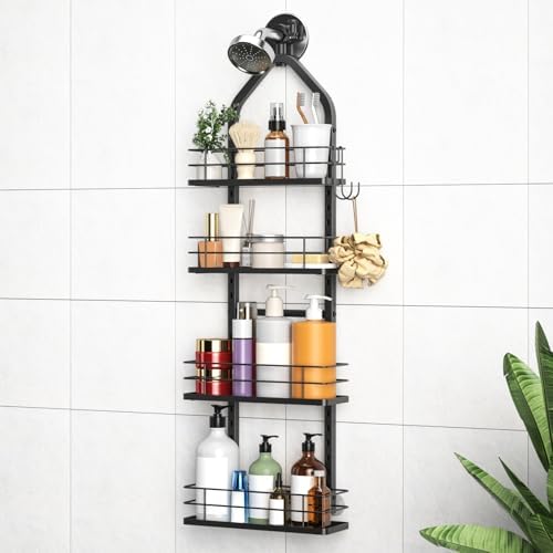 Shower Caddy Hanging (Black), Adjustable Anti-Swing-Over The Shower Head Caddy, 4 Tier Stainless Steel Bathroom Storage Organizer Bathroom Shelves Basket Rack Shower Caddies (4Tier) by Aquohola