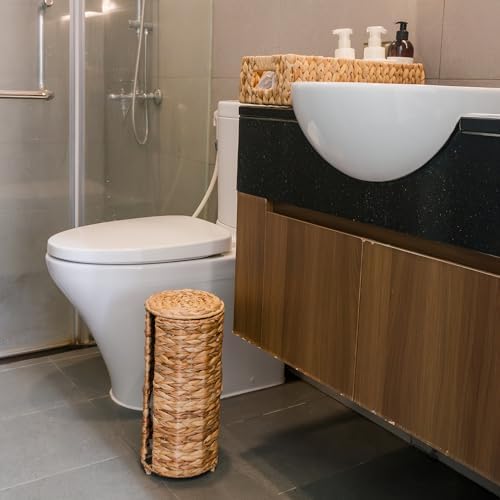 KOKODO Water Hyacinth Free Standing Toilet Paper Holder for Bathroom, Holds 3 Rolls of Toilet Tissue Storage with Removable Lid, Woven Wicker Toilet Roll Holder Stand with Easy Access Front Opening - Image 2