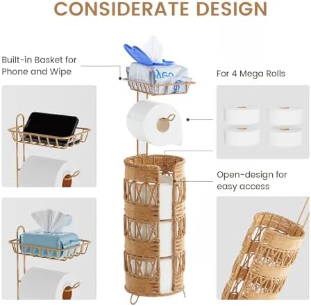Freestanding Toilet Paper Holder, Idealmax Handmade Rattan Toilet Paper Roll Holder Stand for 4 Mega Rolls for Bathroom Storage - Image 3