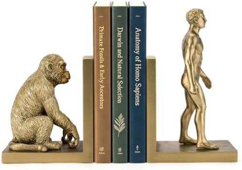 Gold Evolution Book Ends, Monkey to Man Bookends for Heavy Books by Home