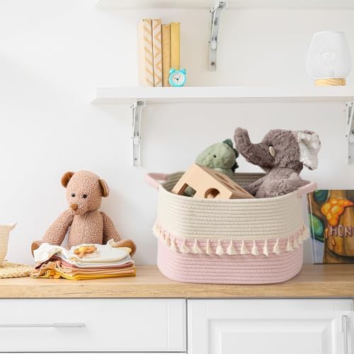 TeoKJ Storage Baskets 3 Packs, Storage Basket for toys,Towel, Storage Bins, Woven Basket for Shelves Bedroom Laundry Nursery, White & Pink - Image 5