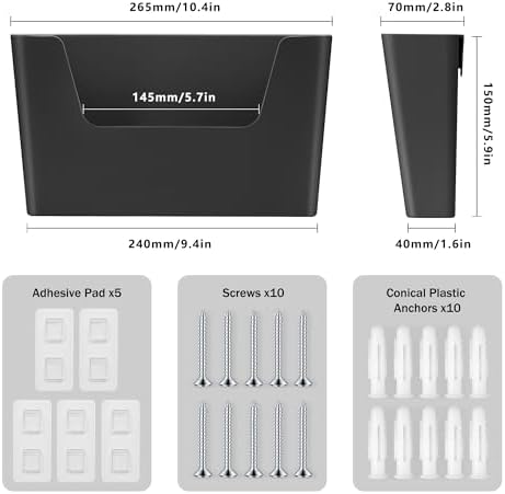 JOMOLA No Drilling File Holder 5 Pack Mail Organizer Wall Mount File Organizer Holder Office Wall Hanging Files Magazines Organizer Plastic Door Mount Wall Pocket with Adhesive Pad, Black Color - Image 2