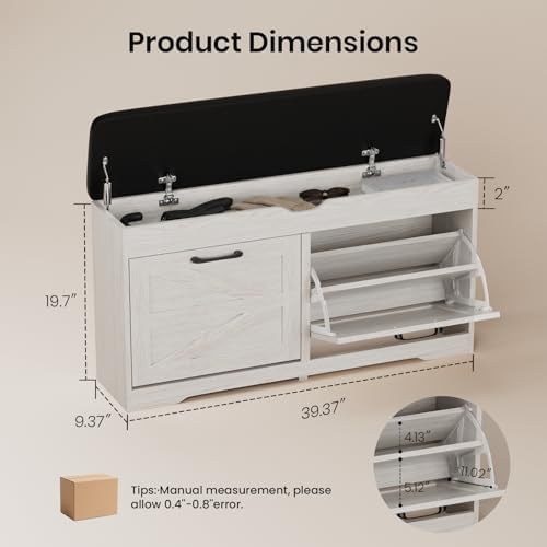 39" Shoe Storage Bench with Seat Cushion, Wood, Ash White - Image 2