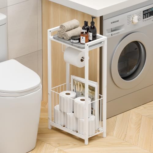 Freestanding Toilet Paper Holder with Storage Shelf, White - Image 2