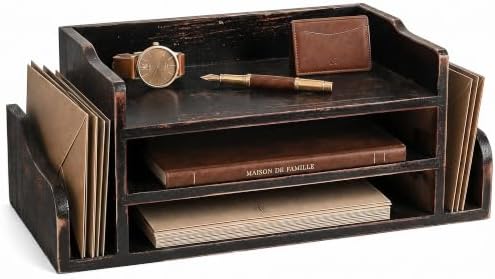 Wood Desk Organizer: File Organizer with 3-Tier Shelf, Distressed Black by REBEEVISION