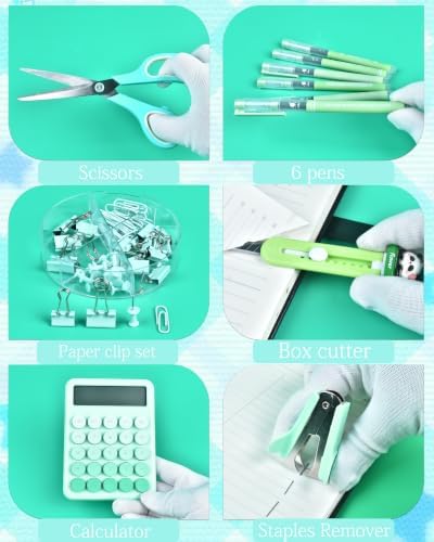 23Pcs Green Desk Accessories and Organizer Set with Mesh Organizer, Stapler, Tape Dispenser, Calculator, Green Office Supplies for Women, Beautifully Presented in a Gift Box - Image 5