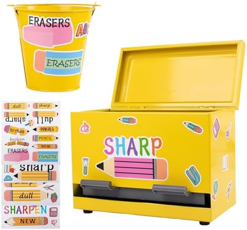 2 Pcs Stainless Steel Pencil Dispenser Pen Holder Back to School Dull Pencil Bucket with 4 sheet Stickers Metal Bucket with Handle for Bulk Pencils Storage Teachers Classroom Supplies by Tkifoda