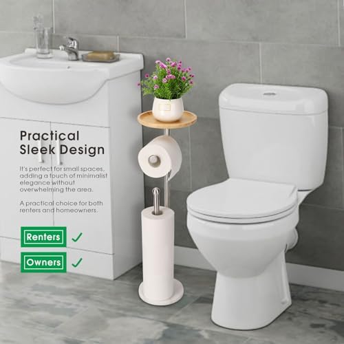 Toilet Paper Holder Stand with 7.9" Big Bamboo Tray, 2.2Lbs Heavier Marble Base, Floor Standing Paper Holder Stand with Phone Shelf, Reserve for 4 Rolls (Brushed Nickel) - Image 4