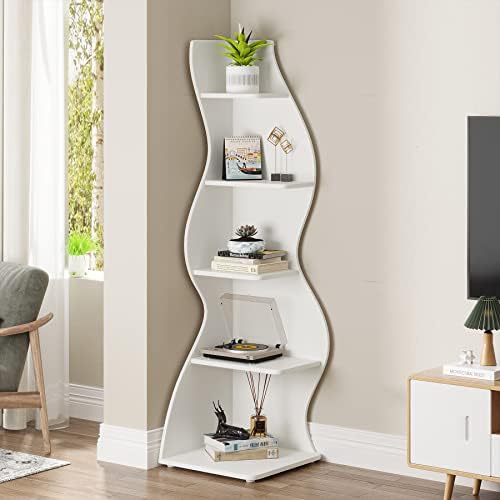 Tribesigns Corner Shelf, Modern 5-Tier Wall Corner Bookshelf, Stylish Corner Small Bookcase Storage Rack Plant Stand with Unique Shape for Living Room, Home Office (White, 1PC) - Image 4