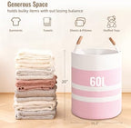 Large Laundry Basket, Laundry Hamper with Leather Handles, 60L Woven Dirty Clothes Hamper, Rope Hampers for Bedroom, Barthroom, Pink - Image 4