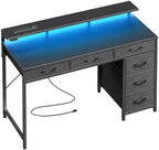 Huuger Gaming Desk with 6 Drawers, Computer Desk with LED Lights Power Outlets and Type-C, 39 Inch Office Desk with Storage, Monitor Stand, Writing Desk Work Desk Home Office, Bedroom, Black, 1CD100B by Huuger
