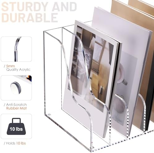 SANRUI Acrylic Desk Organizer, 5-Section Upright Magazine Holder, Clear A4 - Image 3