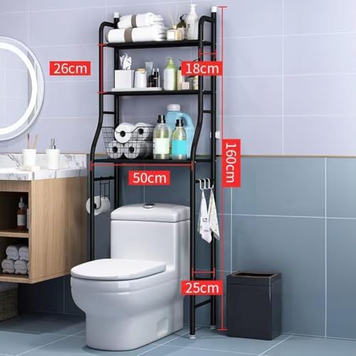 3-Tier Over The Toilet Storage, Freestanding Metal Bathroom Shelves, Above Toilet Storage Rack with Hooks and Paper Holder, Space-Saving, for Bathroom Restroom Laundry, Black - Image 2
