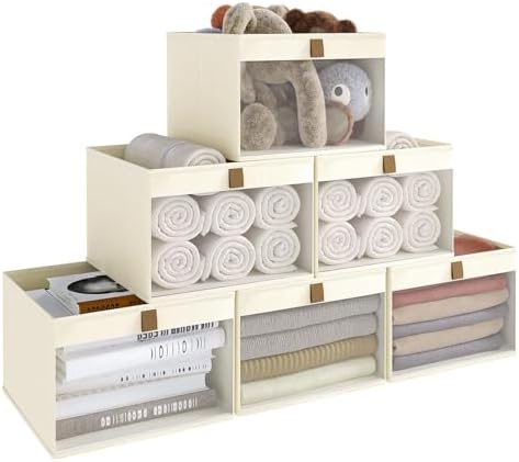 Linen Closet Organizers and Storage, Closet Storage Bins Basket Organizer, Foldable Organization Baskets with Mesh Window for Clothes Towels and Toys, 14.5" x 14.5" x 10.25", Beige, 6 pack by Coyacool