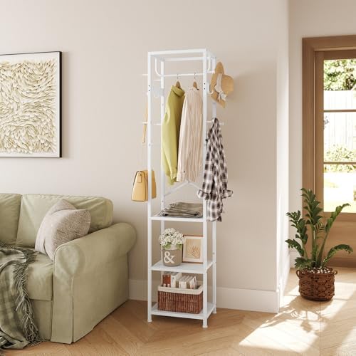 ELYKEN Coat Rack Freestanding, Hall Tree with 3 Shelves and 12 Hooks, White - Image 2