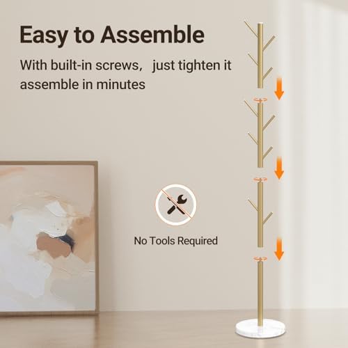 Coat Rack Freestanding, Metal Coat Rack with Natural Marble Base, Gold - Image 6