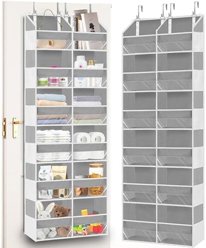 Over The Door Organizer 6 Tiers, Extra Large Behind Door Storage of 12 Compartments, 80 lbs Weight Capacity Hanging Storage Organizer with Clear Window Kids Toys,Shoes,Diapers,Room Storage,Light Grey by Ofiray-home