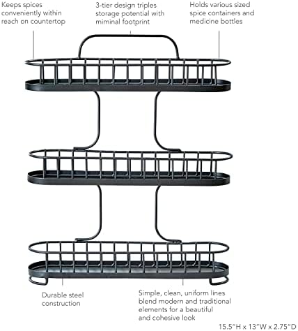 Spectrum Yumi Small Three Tier Spice Rack Black for Countertop Cabinets Cupboards Kitchens, 3 Tier Spice Organizer Shelf Rack Wire Basket for Modern Kitchens, Spice Rack Stand for Counter Organization - Image 3