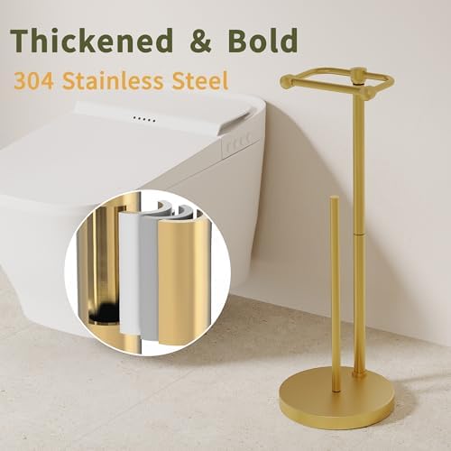 Toilet Paper Holder Stand, Modern Bathroom Free Standing Toilet Paper Holder with Storage for 4 Rolls, Post Pivoting Toilet Paper Stand Stainless Steel Tissue Rack, Heavy Stable Base(Brushed Gold) - Image 5