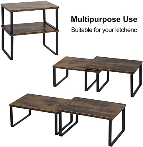 MOOACE Kitchen Counter Shelf, Stackable Cabinet Shelf Organizers Expandable Countertop Shelf for Pantry - Set of 4 - Brown - Image 5