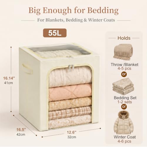GoMaihe Blanket Storage Bins with Metal Frame for Closet, 55L 4-Pack Beige - Image 3