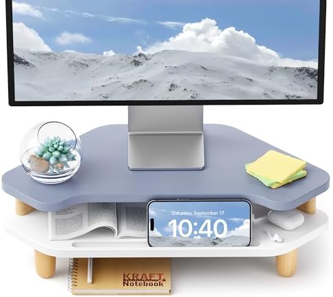 AFOOYO Monitor Stand Riser,2 Tier Corner Wood Sturdy 16.5In Computer Stand, Multi-Purpose Desktop Storage Stand for Laptop,PC,iMac,Printer,Computer,Blue by AFOOYO