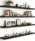YYWUOJJ Wood Floating Shelves for Wall Decor, Rustic Wall Shelves for Bedroom Bathroom Kitchen Living Room, Set of 4 Black 48 Inch by YYWUOJJ