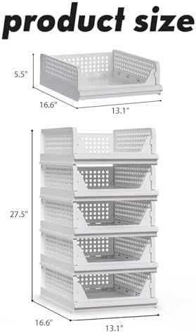 Proarea 5 Pack Stackable Storage Bins, Closet Organizers and Storage, Foldable Closet Organizer Baskets for Clothes, Plastic Drawer Bins for Closet Organization, Wardrobe Shelf, Laundry Room, White - Image 6