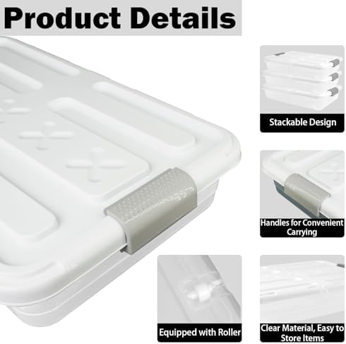 4 Pcs Plastic Under Bed Storage Containers with Handles and Lid Wheels, 23.7 x 15.8 x 4.8 Inch White clear Stackable Latching Container, Clothes Shoes Large Capacity Bins, for Bedroom Closet - Image 3