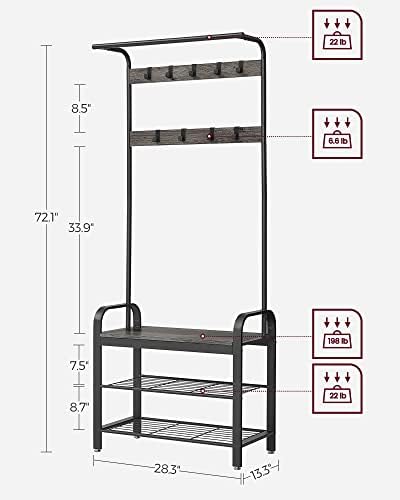 VASAGLE Coat Rack, Hall Tree with Shoe Bench, 4-in-1, 9 Removable Hooks - Image 5