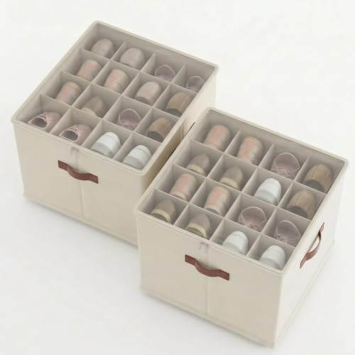 2 Pack Shoe storage Organizer with wheels,No Assemble Required Shoe boxes with premium waterproof material,Adjustable Dividers Fits 32 Pairs,shoe Storage Bins with Reinforced Handle (beige, 32 pairs) - Image 6
