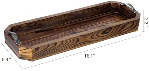 MyGift Wooden Vanity Tray, Rustic Burnt Solid Wood Toilet Tank Tray - Decorative Octagonal Cosmetic Organizer with Antique Metal Handles - Image 6