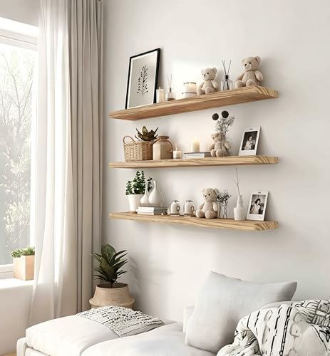 24 Inch Rustic Wood Floating Shelves Farmhouse Wooden Wall Shelves for Bathroom Bedroom Living Room Kitchen Office Set of 4 Light Brown - Image 6