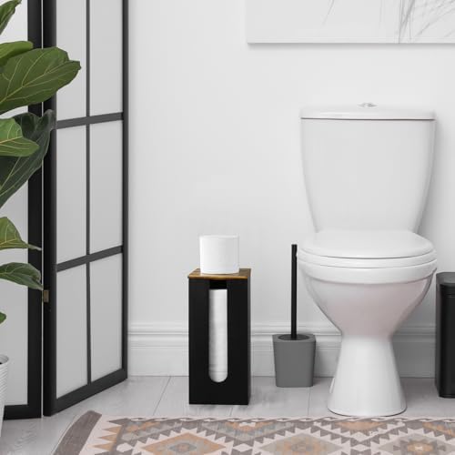 OUTNILI Freestanding Toilet Paper Holder Stand with Lid, Black Wooden Toilet Paper Storage Organizer for Bathroom Floor, Rustic Farmhouse Toilet Paper Storage Holds 3 Extra Large Rolls - Image 3