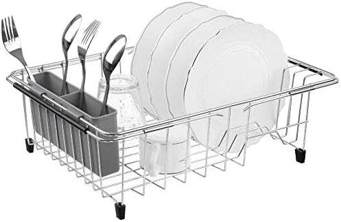 SANNO Large Expandable Dish Drying Rack Over Sink Dish Rack with Utensil Silverware Storage Holder Over The Sink Adjustable Arms Dish Drying Drainer,Stainless Steel, in Sink or On Counter - Image 4