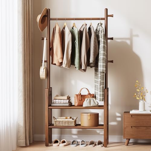 Solid Wood Clothing Rack with Shelves - Coat Rack Freestanding with 6 Hooks Load 450 Lbs, 3-in-1 Hall Tree for Hanging Clothes, Tall Garment Racks with Storage for Bedroom, Entryway, Living Room by Yoobure
