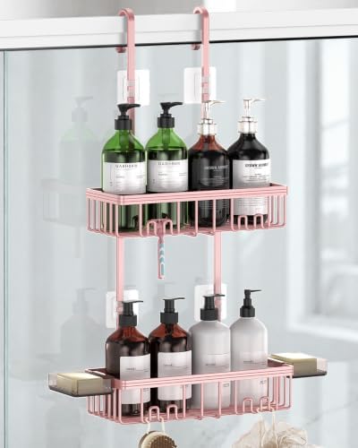 Over the Door Shower Caddy Hanging With Double Soap Holder Never Rust Aluminum Shower Shelf With 4 Hooks Hanging Bathroom Organizer No Drilling Shelves for Bathroom Storage Pink by Unknown