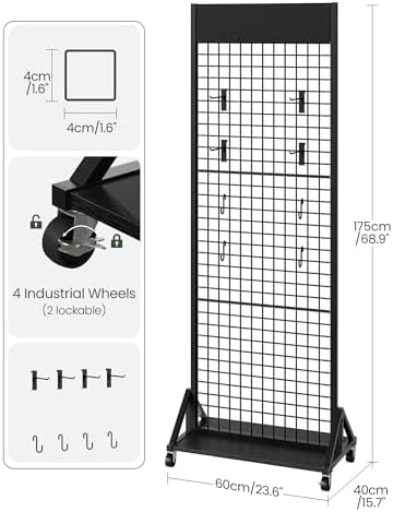 CHOEZON Grid Wall Panel, 2’ x 5.7’ Ft Floor Standing Gridwall Display Rack, Retail Display Stand, with 4 S-Shaped Hooks and 4 Garment Hooks, for Entryway, Study, Kitchen, Outdoors, Black TCJ27BB - Image 6