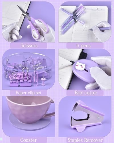 Purple Desk Accessories and Organizers with Desk Organizer and 360°Rotating Pen Holder stapler Pen and a Lot of Office Purple Office Supplies Beautifully Presented in a Gift Box - Image 4