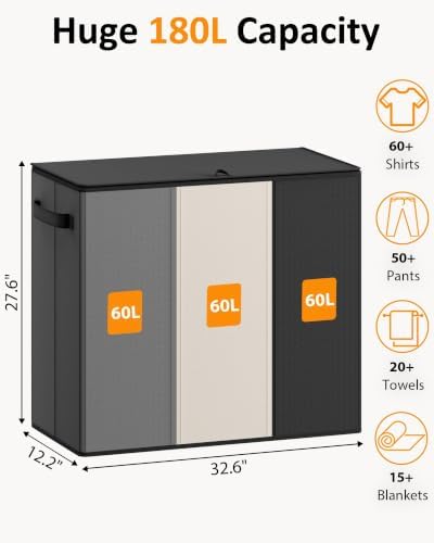 Optish 180L Laundry Hamper 3 Section, Large Hamper with Mesh Bags & Lid - Image 2