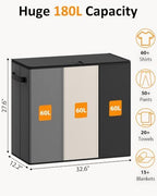 Optish 180L Laundry Hamper 3 Section, Large Hamper with Mesh Bags & Lid - Image 2