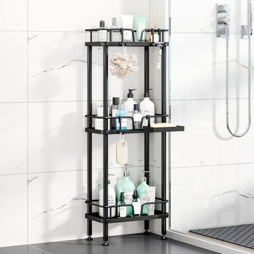 HapiRm Standing Corner Shower Caddy - 3 Tier Corner Shower Organizer with Soap Holder, Rustproof Stainless Steel Bathroom Shelf with 4 Hooks, Black by HapiRm