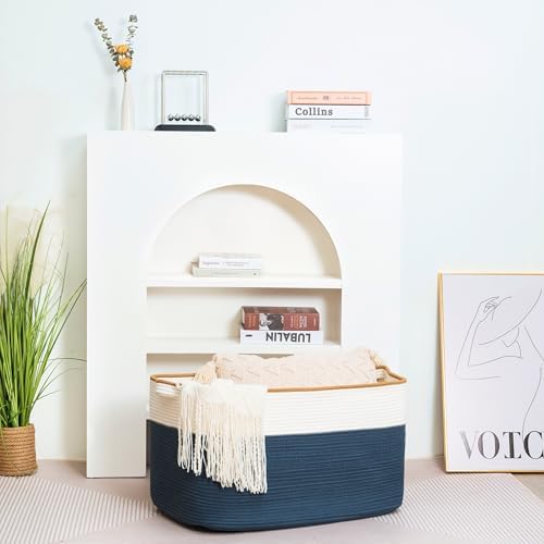 MINTWOOD Design 22in Extra Large Blanket Basket Holder Living Room, Rectangle Rope Woven Storage Basket with Handles for Laundry, Pool Towels, and Shoes, Dog Toy Organizer Bin Box, Prussian Blue - Image 6