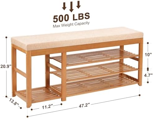 PETKABOO 47.2 in Shoe Rack Bench with Cushion, 3 Tier Bamboo Entryway Bench with Storage for Entryway, Hallway, Bedroom, Living Room - Image 3