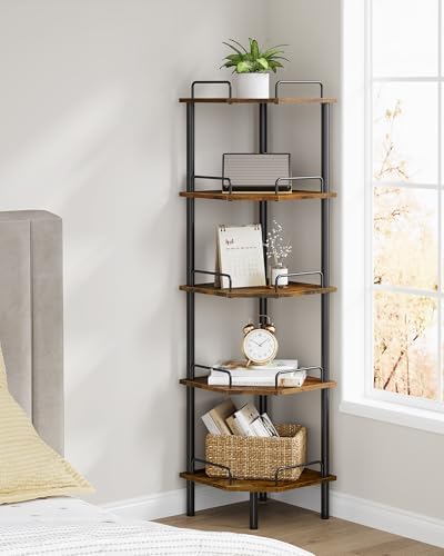Tajsoon 5 Tier Corner Shelf Stand, Small Corner Table, Rustic Brown - Image 2