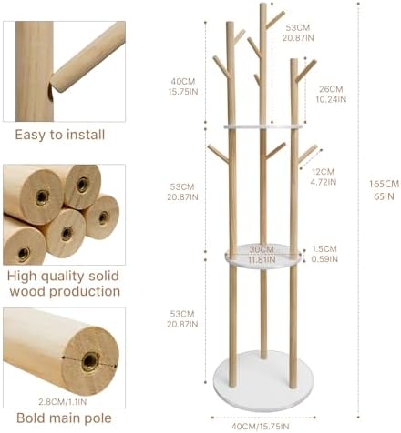 LIWSHWZ Solid Wood Coat Rack Freestanding,Coat Hanger Stand with 3 Shelves and 9 Hooks,Hall Tree for Bedroom, Entryway, Livingroom, Coat Hanger Stand for Coats, Scarves, Handbags - Image 3
