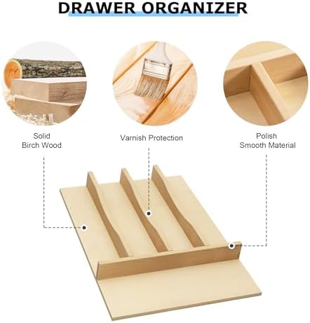 WelFurGeer Solid Birch Wood Silverware Drawer Organizer, Wooden Cutlery Drawer Organizer, Utensil Tray for Kitchen Drawers, Kitchen Utensil Organizer for Silverware, Flatware, Spoons, Forks, Knives - Image 4